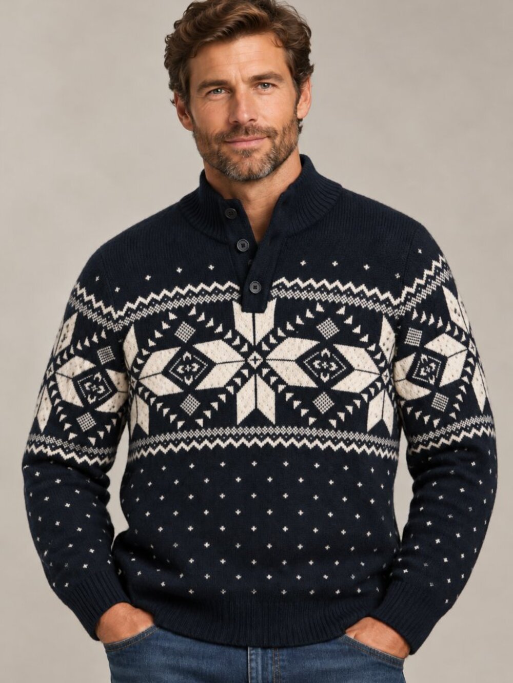 American Eagle Men's Large Navy Cream Fair Isle Nordic Mock Neck Henley Sweater